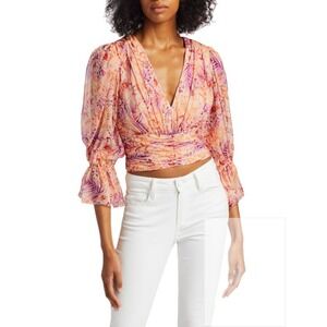 AMUR Gitana Floral Silk Cropped Blouse Cantaloupe‎ Rosa Floral size large